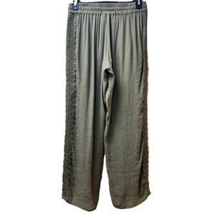 New Directions Linen Look Wide Leg Lined Pants Olive Crochet Side Trim Size M